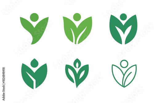 Wellness Logo Variations. Personalized wellness plans. Icon set. Set Logo of personalized wellness plans: Leaf and human figure. harmonious logo variations of