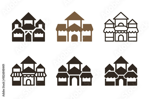 Town Square Logo Variations. town square. Icon set. Set Logo of town square: market stalls arrangement. harmonious logo variations of the same emblematic