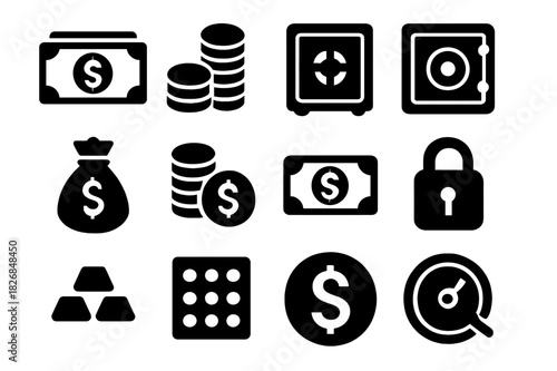 Cash Storage Icons. Cash storage. Solid icon set of Cash storage: stack of bills, coins, safe box, vault door, money bag, coin pile, cash icon, security lock,