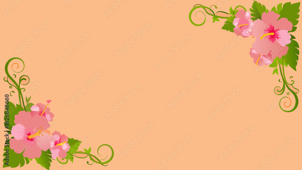 Naklejka premium Pink hibiscus flowers and green vines decorative corners on peach background
