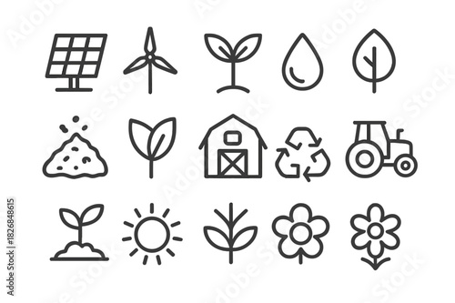Sustainable Farming Icons. Sustainable farming. Line icon set of sustainable farming: solar panel, wind turbine, plant, water droplet, compost, leaf, barn,