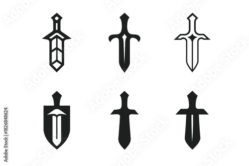 Fantasy Sword Icon Set. Sword props. Icon set. Set Logo of Sword props: Fantasy blade. harmonious logo variations of the same emblematic concept (Abstract