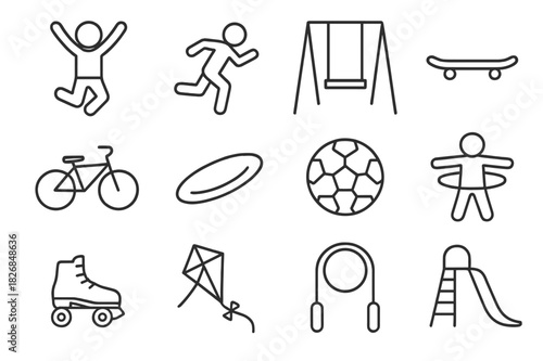 Energetic Playtime Icons. Energetic Playtime. Line icon set of Energetic Playtime: jumping kid, running child, swing, skateboard, bicycle, frisbee, soccer