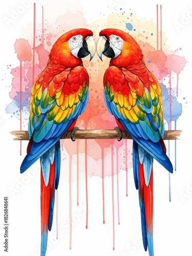 Vibrant watercolor artwork featuring a pair of colorful parrots perched together, a stunning representation of tropical nature and artistic beauty