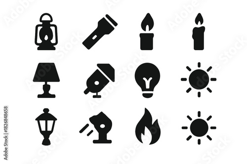 Illumination Icons Grid. Illumination icons. Solid icon set of Illumination icons: lantern, flashlight, torch, candle, lamp, spotlight, light bulb, glowing
