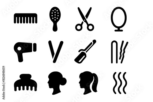 Salon Tools Icons. Salon hair. Solid icon set of Salon hair: comb, hairbrush, scissors, mirror, hair dryer, straightener, curling iron, hairpins, hair clip,