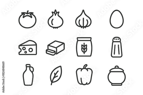 Cooking Icons Collection. Cooking ingredients. Line icon set of cooking ingredients: tomato, onion, garlic, egg, cheese, butter, flour bag, salt shaker, oil
