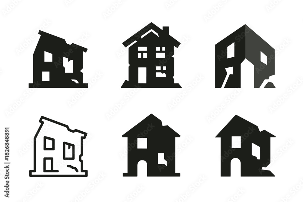 Fototapeta premium Abandoned House Logos. Dilapidated house with no sign of life. Icon set. Set Logo of abandoned home: crumbling facade. harmonious logo variations of the same