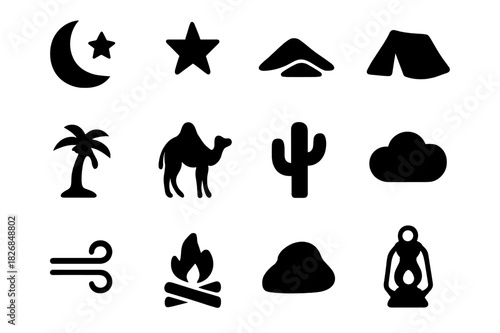 Desert Night Icons. Night in the Desert. Solid icon set of Night in the Desert: crescent moon, star, dune, tent, palm tree, camel, cactus, cloud, wind, fire