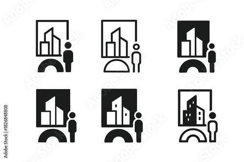 Outdoor Mural Icons. Outdoor mural. Icon set. Set Logo of outdoor mural: city art installation. harmonious logo variations of the same emblematic concept, each