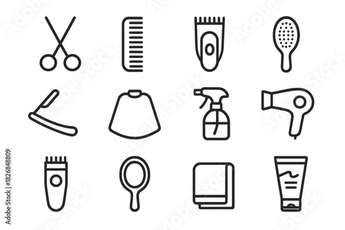 Hairdressing Icon Set. Hairdressing essentials. Line icon set of Hairdressing essentials: scissors, comb, hair clipper, hairbrush, razor, barber cape, spray
