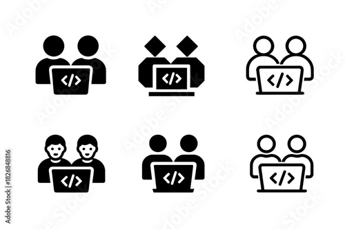 Collaborative Coding Logos. developer coding in a collaborative workspace. Icon set. Set Logo of developer coding in a collaborative workspace: two coders