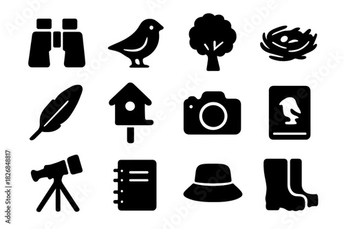 Outdoor Birding Icons. Outdoor birding. Solid icon set of Outdoor birding: binoculars, bird, tree, nest, feather, birdhouse, camera, field guide, telescope,