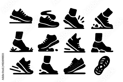Trail Running Icons. Trail Running Feet. Solid icon set of running shoes, trail path, foot striking ground, motion lines, socks, dirt, grass, pebble, ankle,