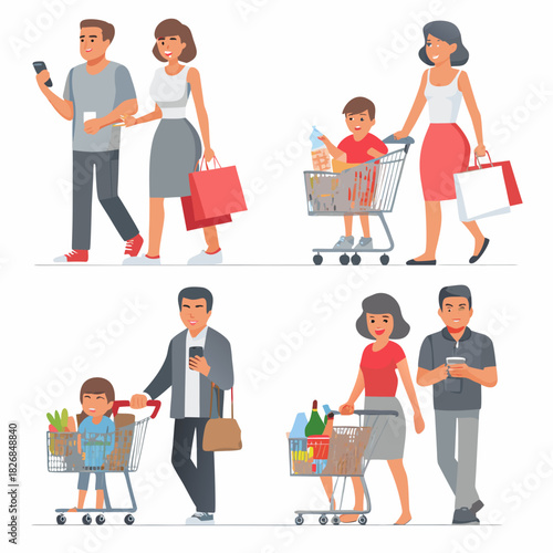 Families shopping together with groceries and shopping bags