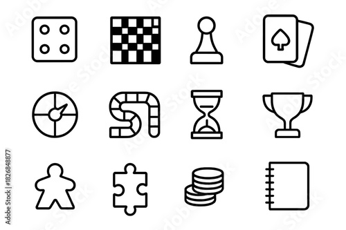 Board Game Icons. Board games. Line icon set of board games: dice, checkerboard, pawn, card deck, spinner, game board, hourglass, trophy, meeple, puzzle piece,