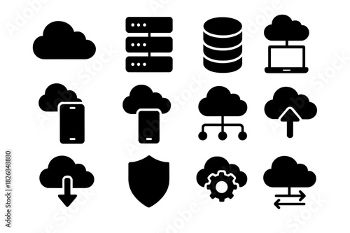 Digital Cloud Icons. Digital cloud. Solid icon set of Digital cloud: cloud, server, database, laptop, smartphone, tablet, network lines, upload arrow, download