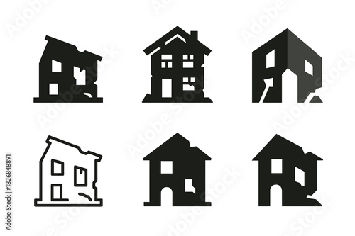 Abandoned House Logos. Dilapidated house with no sign of life. Icon set. Set Logo of abandoned home: crumbling facade. harmonious logo variations of the same