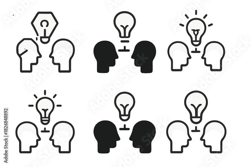 Diverse Teaching Icons. Teaching moment. Icon set. Set Logo of teaching moment: Idea transfer between heads. harmonious logo variations of the same emblematic