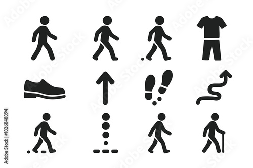 Walking Posture Icons. Walking posture. Solid icon set of Walking posture: person walking, stride motion, arm swing, relaxed gait, forward motion, casual