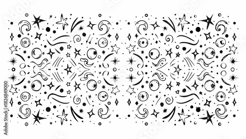 Whimsical hand drawn celestial elements and swirls pattern