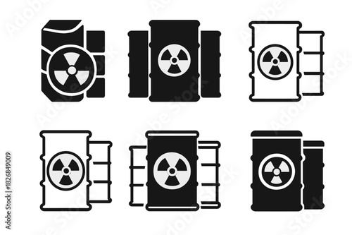 Toxic Waste Icons. toxic waste barrels. Icon set. Set Logo of toxic waste barrels: chemical barrels in hazard zone. harmonious logo variations of the same