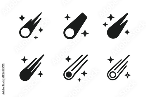 Meteor Shower Icons. Meteor shower. Icon set. Set Logo of meteor shower: Comet among stars. harmonious logo variations of the same emblematic concept, each