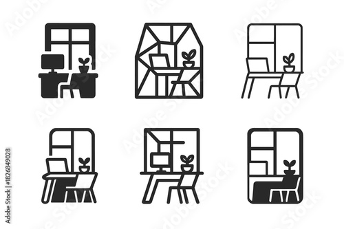 Home Office Redesign Icons. redesigning a home office space. Icon set. Set Logo of redesigning a home office space: corner desk with natural light. harmonious