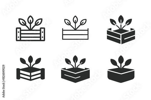 Community Garden Logos. community gardens. Icon set. Set Logo of community gardens: raised garden bed. harmonious logo variations of the same emblematic