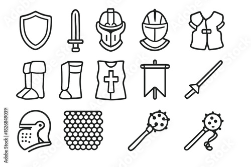 Knight Accessories Icons. Knight Accessories. Line icon set of Knight Accessories: shield, sword, helmet, gauntlets, boots, tabard, banner, lance, visor,