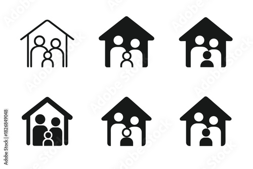 Homeless Family Icons. Homeless family. Icon set. Set Logo of homeless family: family holding hands. harmonious logo variations of the same emblematic concept,