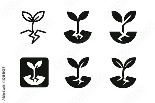 Regeneration Logo Set. regeneration. Icon set. Set Logo of regeneration: sprouting plant from broken ground. harmonious logo variations of the same emblematic