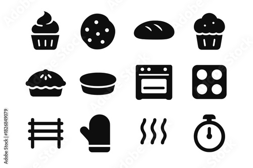 Baked Treats Icons. Baked treats. Solid icon set of Baked treats: cupcake, cookie, bread, muffin, pie, tart, oven, baking tray, rack, oven mitt, heat waves,