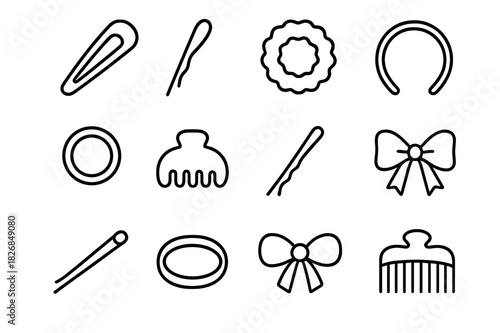 Hair Accessories Icons. Hair accessories. Line icon set of hair accessories: hair clip, hairpin, scrunchie, headband, hair tie, claw clip, bobby pin, ribbon,