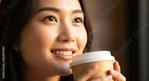 Closeup portrait of a young asian woman smiling while enjoying a hot beverage from a paper cup indoors near soft light
