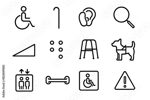Accessibility Icons Collection. Accessibility. Line icon set of Accessibility: wheelchair, walking cane, hearing aid, magnifying glass, ramp, braille, walker,
