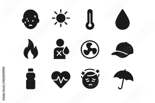 Heat Stress Icons. Heat stress. Solid icon set of heat stress: sweating person, sun, thermometer, water droplet, flame, dehydration symbol, fan, cap, drink