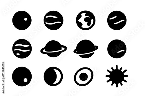 Solar System Icons. Planets. Solid icon set of Planets: mercury, venus, earth, mars, jupiter, saturn, uranus, neptune, pluto, moon, orbit, sun. Filled icons