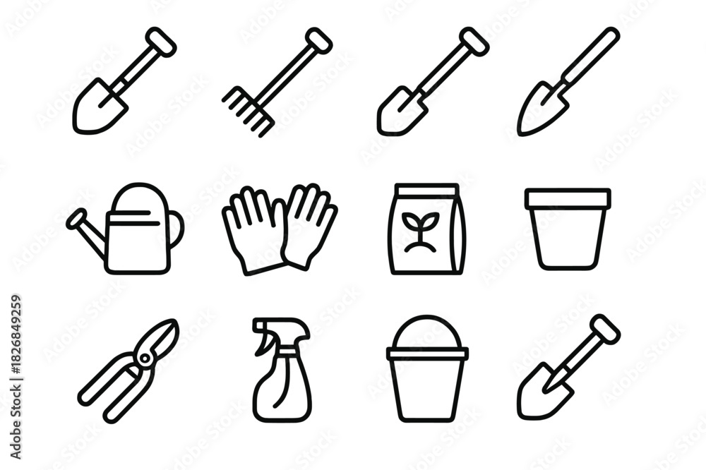 Obraz premium Gardening Tool Icons. Gardening Tools. Line icon set of Gardening Tools: shovel, rake, hoe, trowel, watering can, gloves, seed packet, pot, pruning shears,