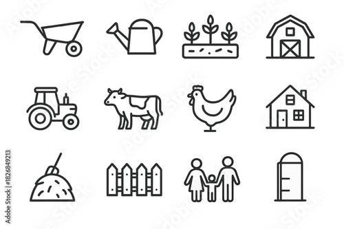 Farm Icon Set. Farm chores. Line icon set of Farm chores: wheelbarrow, watering can, vegetable garden, barn, tractor, cow, chicken, farmhouse, haystack, fence,