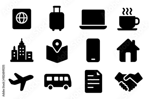 Expat Essentials Icon Set. Expat lifestyle. Solid icon set of expat lifestyle: passport, luggage, laptop, coffee, city skyline, map, phone, home, airplane,