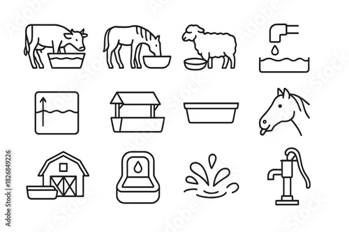 Farm Animal Hydration Icons. Farm animal hydration. Line icon set of farm animal hydration: cow at trough, horse drinking, sheep near water, refill pipe, water