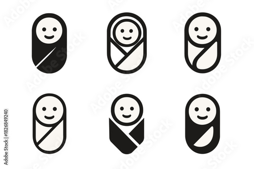Newborn Icon Variations. childbirth. Icon set. Set Logo of childbirth: newborn swaddle. harmonious logo variations of the same emblematic concept, each with