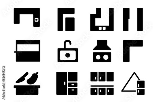 Black Kitchen Layout Icons. Kitchen layout. Solid icon set of Kitchen layout: L-shape counter, island counter, U-shape counter, galley counter, open space,