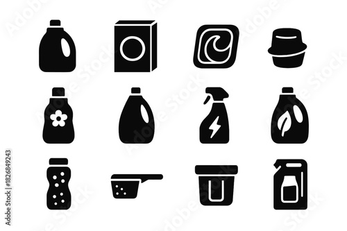 Laundry Detergents Icons. Laundry detergents. Solid icon set of Laundry detergents: liquid bottle, powder box, detergent pod, measuring cap, softener, bleach