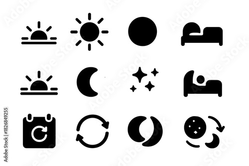 Full Day Cycle Icons. Full day cycle. Solid icon set of Full day cycle: sunrise, morning, high noon, afternoon, sunset, nightfall, moonrise, stars, sleep icon,