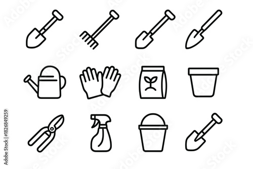 Gardening Tool Icons. Gardening Tools. Line icon set of Gardening Tools: shovel, rake, hoe, trowel, watering can, gloves, seed packet, pot, pruning shears,
