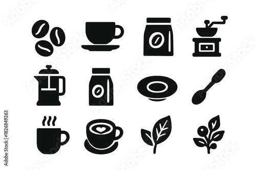 Coffee Icon Essentials. Coffee essentials. Solid icon set of Coffee essentials: coffee beans, coffee cup, espresso shot, coffee grinder, French press, coffee