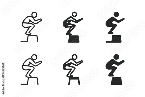 Plyometrics Logo Set. plyometrics. Icon set. Set Logo of plyometrics: bounding athlete icon. harmonious logo variations of the same emblematic concept, each