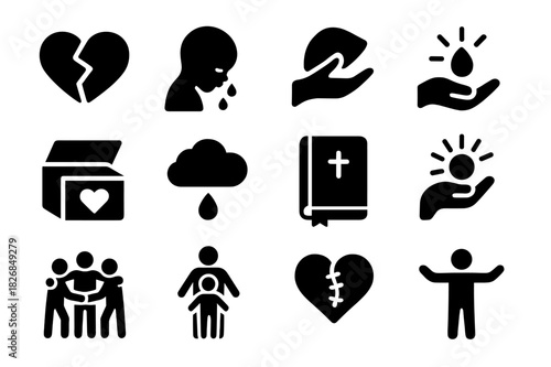 Healing Journey Icons. Processing the grief of a traumatic childhood. Solid icon set of Processing the grief of a traumatic childhood: broken heart, crying